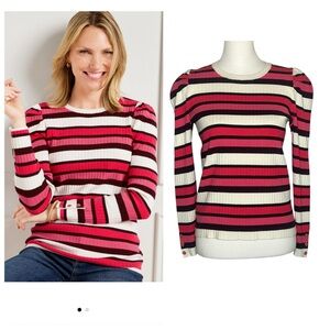 Talbots Med Petite EUC Puff Sleeve Striped Sweater ribbed knit timeless